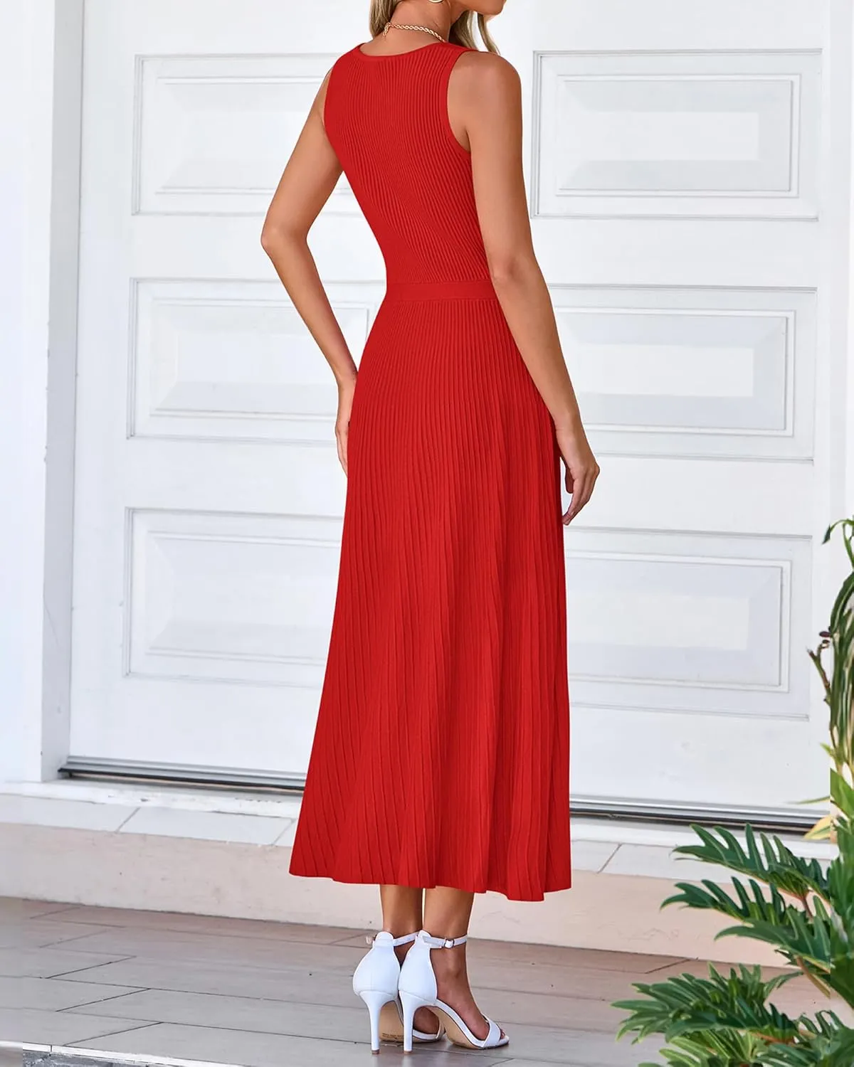 BTFBM Women's Midi Bodycon Tank Dress Summer Crewneck Rib Knit Sleeveless Pleated Swing A Line Business Casual Dresses