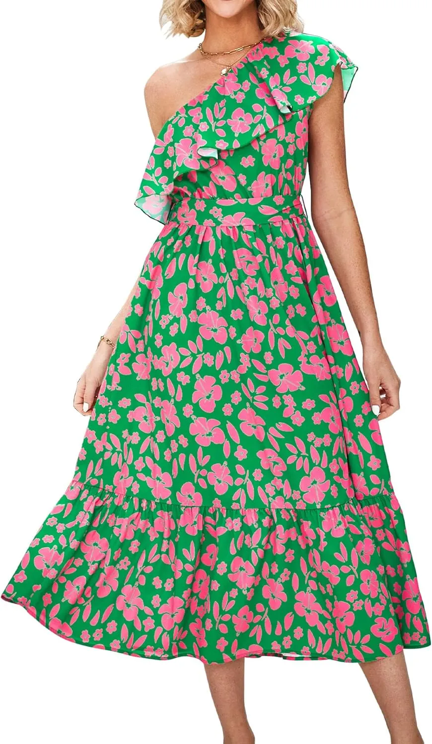 BTFBM Women's One Shoulder Maxi Dress Sleeveless Casual Summer Layered Ruffle Boho Floral Print Party Beach A-Line Dresses