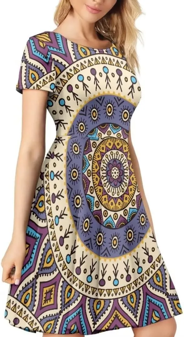 Casual Summer Beach Dresses for Women Short Sleeve Crew Neck Flowy Swing Elegant A-Line Dress