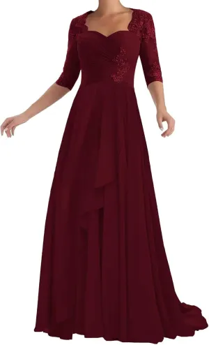Chiffon Mother of The Bride Dresses with Sleeve Lace Applique A-Line Long Formal Evening Dress for Wedding Guest