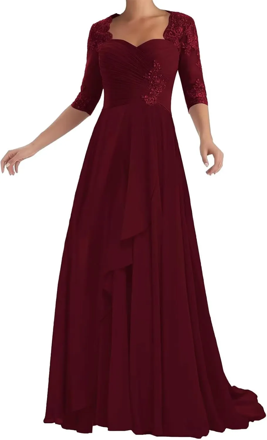 Chiffon Mother of The Bride Dresses with Sleeve Lace Applique A-Line Long Formal Evening Dress for Wedding Guest
