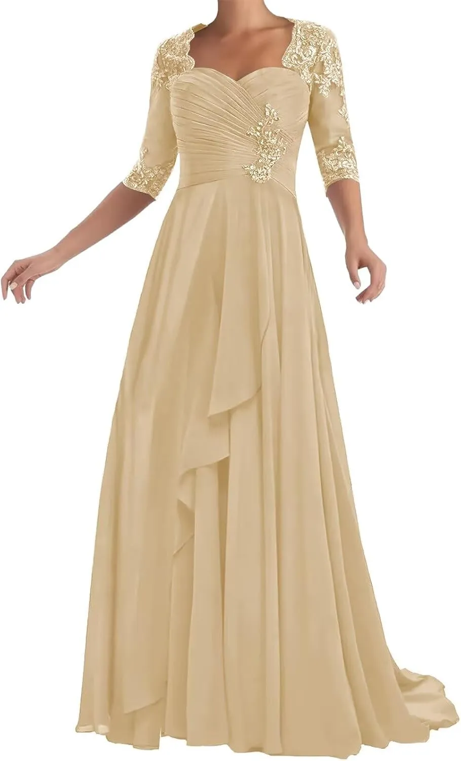 Chiffon Mother of The Bride Dresses with Sleeve Lace Applique A-Line Long Formal Evening Dress for Wedding Guest