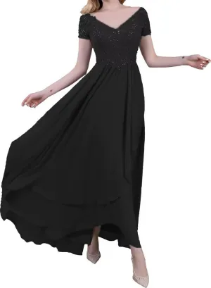 Chiffon V-Neck Mother of Bride Dresses Lace Appliques Mother of The Groom Dresses Wedding Guest Dress for Women Formal