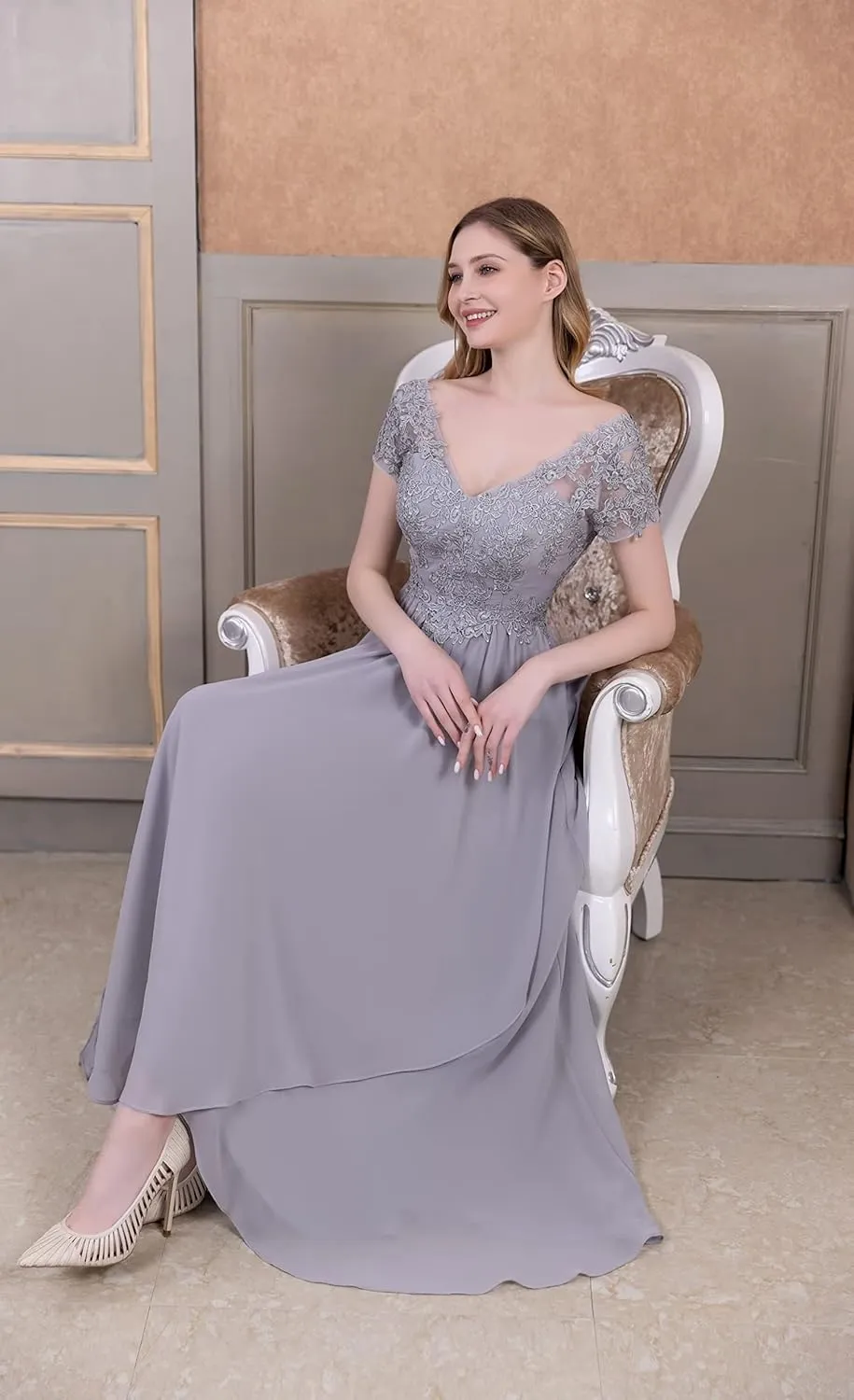 Chiffon V-Neck Mother of Bride Dresses Lace Appliques Mother of The Groom Dresses Wedding Guest Dress for Women Formal