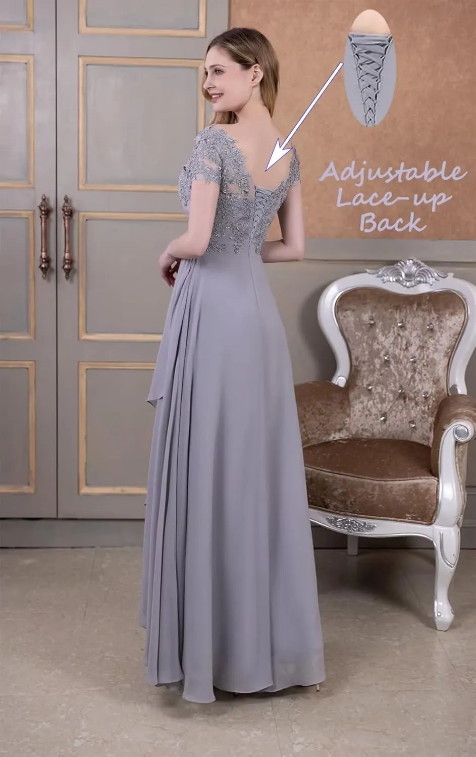 Chiffon V-Neck Mother of Bride Dresses Lace Appliques Mother of The Groom Dresses Wedding Guest Dress for Women Formal