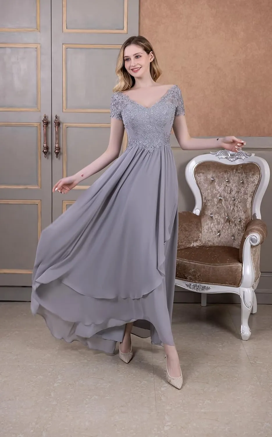 Chiffon V-Neck Mother of Bride Dresses Lace Appliques Mother of The Groom Dresses Wedding Guest Dress for Women Formal