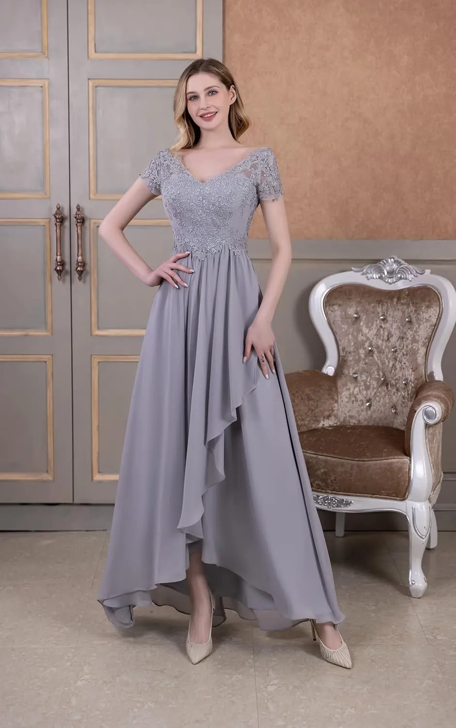 Chiffon V-Neck Mother of Bride Dresses Lace Appliques Mother of The Groom Dresses Wedding Guest Dress for Women Formal