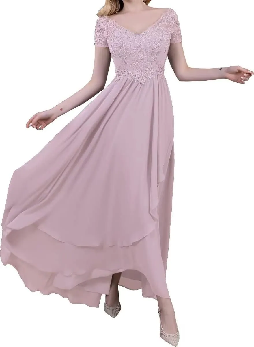 Chiffon V-Neck Mother of Bride Dresses Lace Appliques Mother of The Groom Dresses Wedding Guest Dress for Women Formal