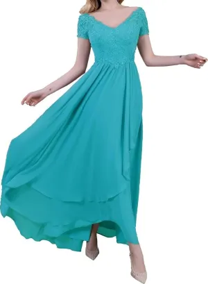 Chiffon V-Neck Mother of Bride Dresses Lace Appliques Mother of The Groom Dresses Wedding Guest Dress for Women Formal