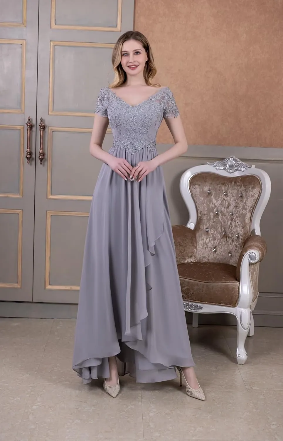 Chiffon V-Neck Mother of Bride Dresses Lace Appliques Mother of The Groom Dresses Wedding Guest Dress for Women Formal