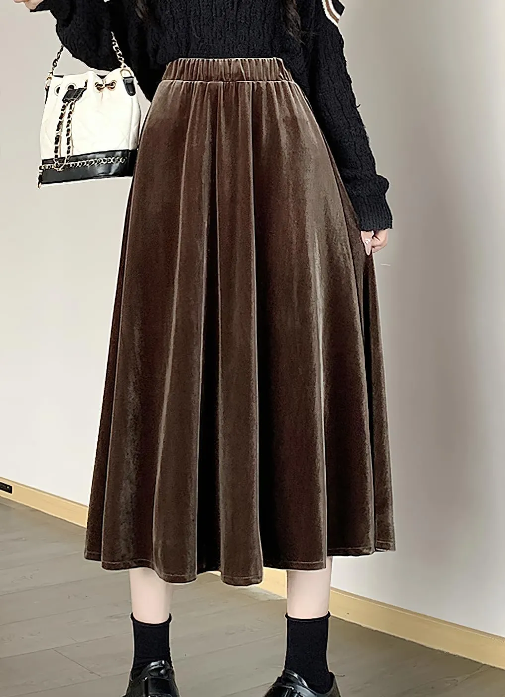 chouyatou Women's Fall Velvet Skirts High Elastic Waist Luxurious Parties Pleated A Line Swings Midi Skirt