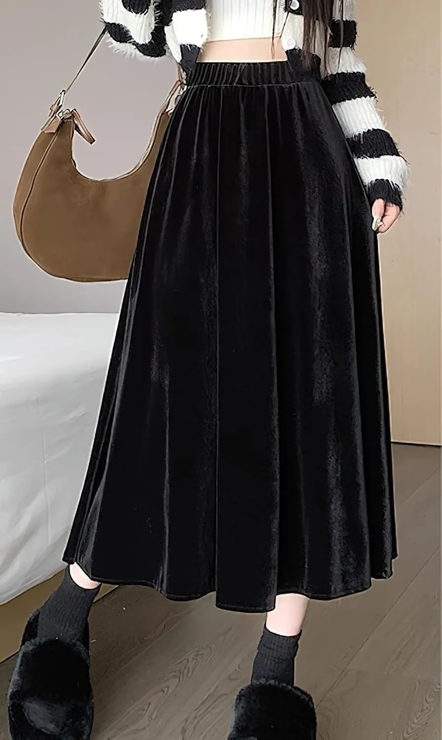 chouyatou Women's Fall Velvet Skirts High Elastic Waist Luxurious Parties Pleated A Line Swings Midi Skirt