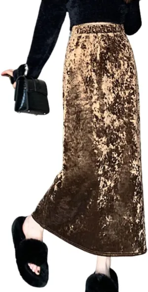 chouyatou Womens High Elastic Waist Skirt Luxurious Parties Pleated A Line Swings Midi Velvet Skirts