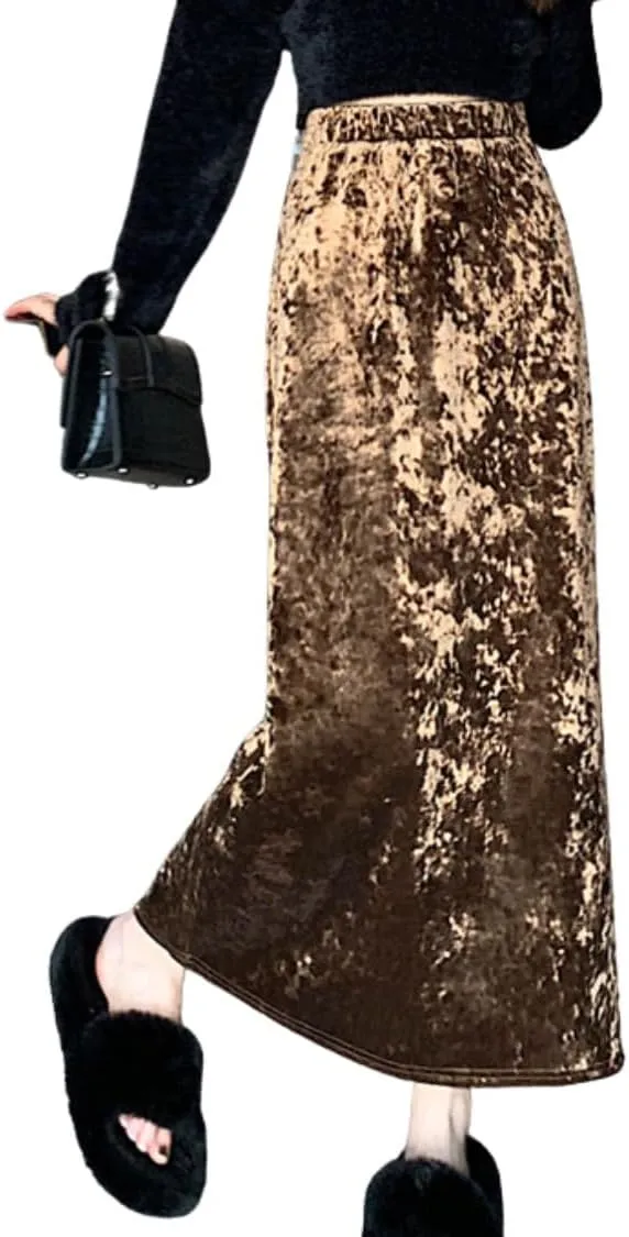 chouyatou Womens High Elastic Waist Skirt Luxurious Parties Pleated A Line Swings Midi Velvet Skirts