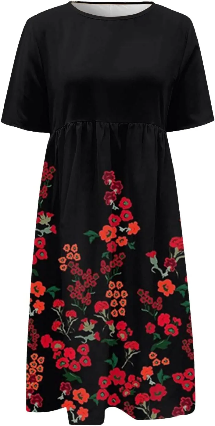 Classic Summer Long Short Sleeve Dresses for Women Active Baggy Cool Graphic Dress Cotton Pocket Pullover.