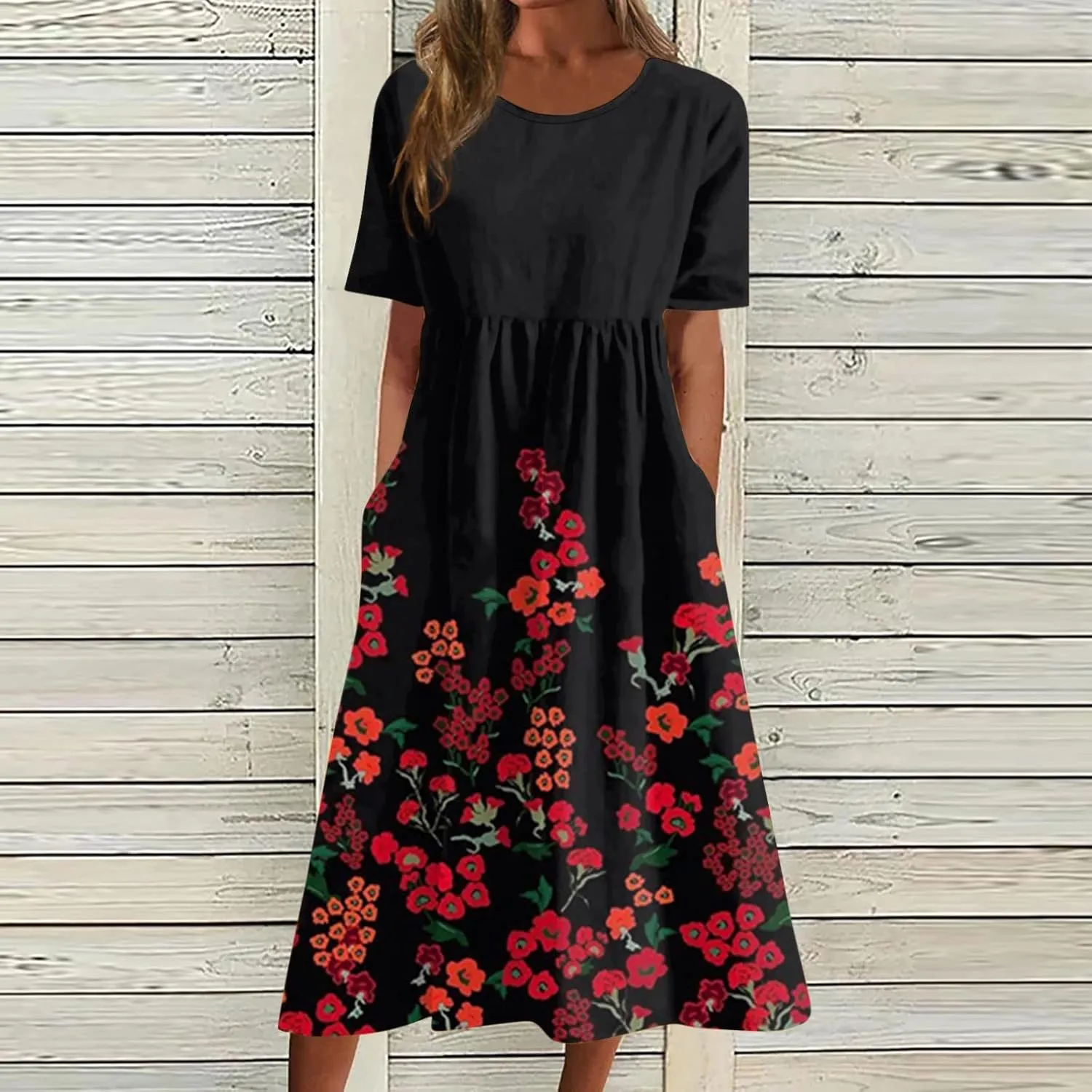 Classic Summer Long Short Sleeve Dresses for Women Active Baggy Cool Graphic Dress Cotton Pocket Pullover.