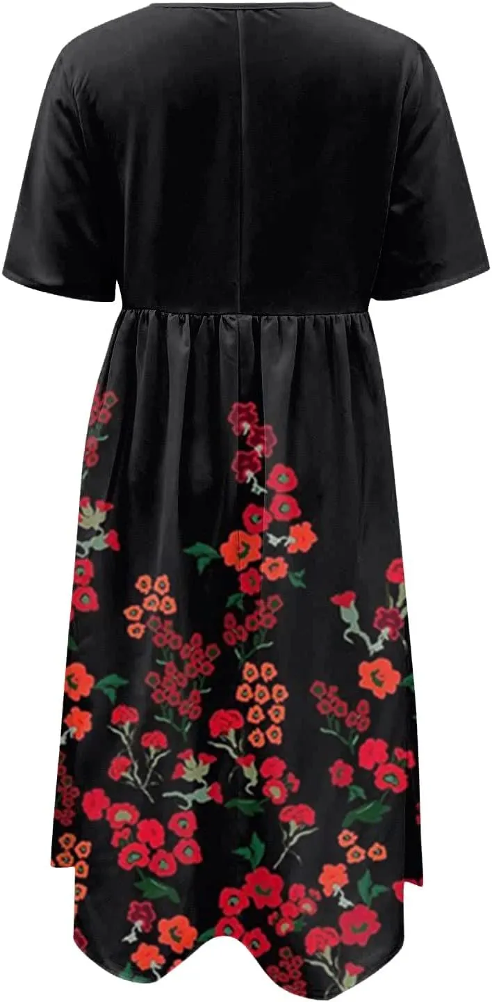 Classic Summer Long Short Sleeve Dresses for Women Active Baggy Cool Graphic Dress Cotton Pocket Pullover.