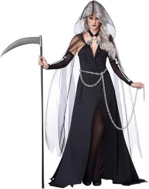 Cloak with Hood Women,3pcs Womens Halloween Costumes,Includes Transparent Black Cloak with Hood, Black Dress & Chain One Size Long Death Cloak Halloween Costume