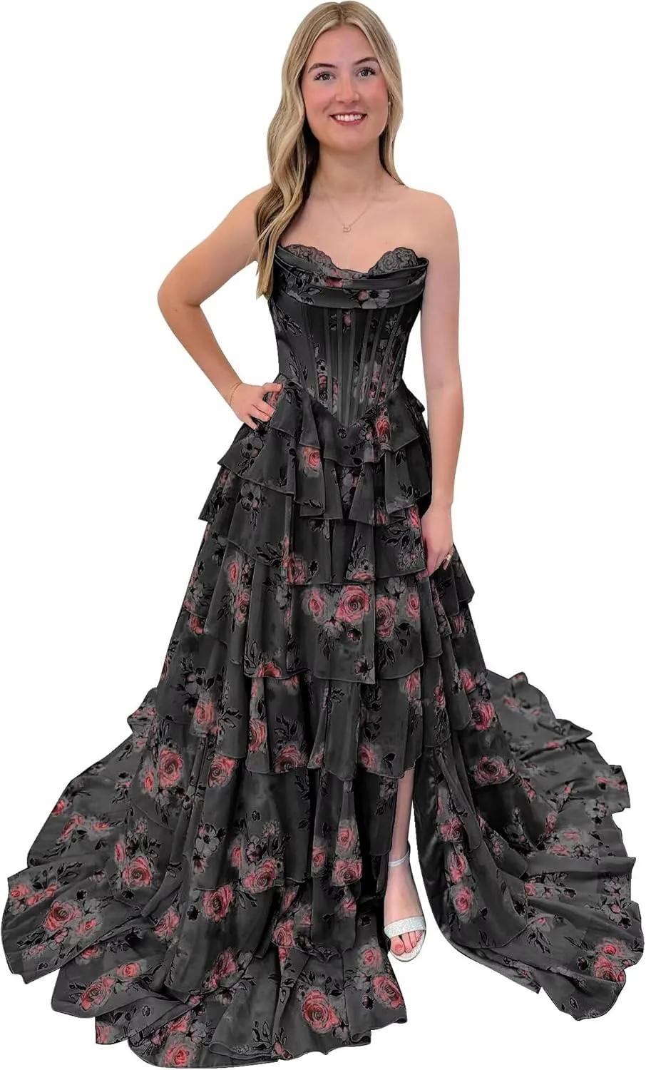 Corset Floral Prom Dresses for Women 2025 Sweetheart Chiffon Strapless Tiered Formal Evening Gown with Slit