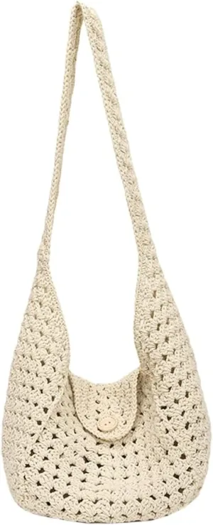 Cotton Rope Purses for Women Woven Hobo Shoulder Bag Purse Simple Hollow-out Handbag for Beach Summer Travel