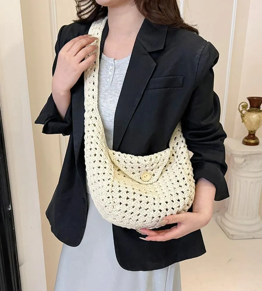 Cotton Rope Purses for Women Woven Hobo Shoulder Bag Purse Simple Hollow-out Handbag for Beach Summer Travel