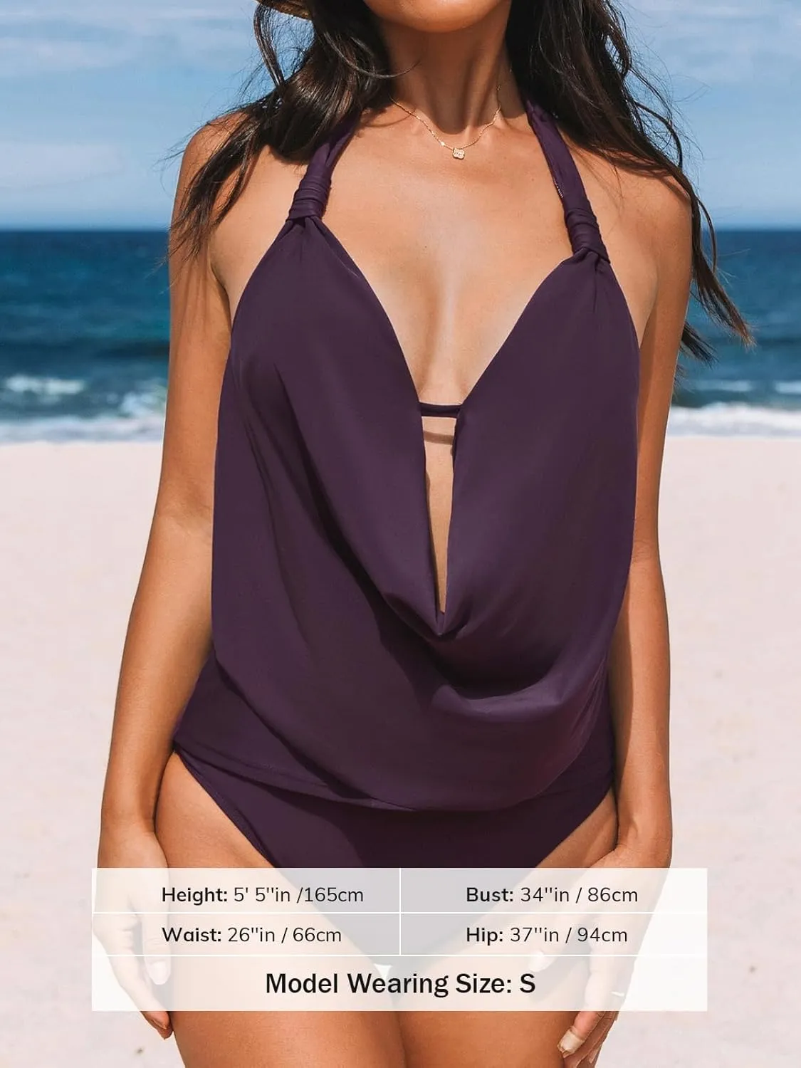 CUPSHE Tankini Bathing Suit for Women Halter Deep V Cowl Neck Low Back Swimsuit