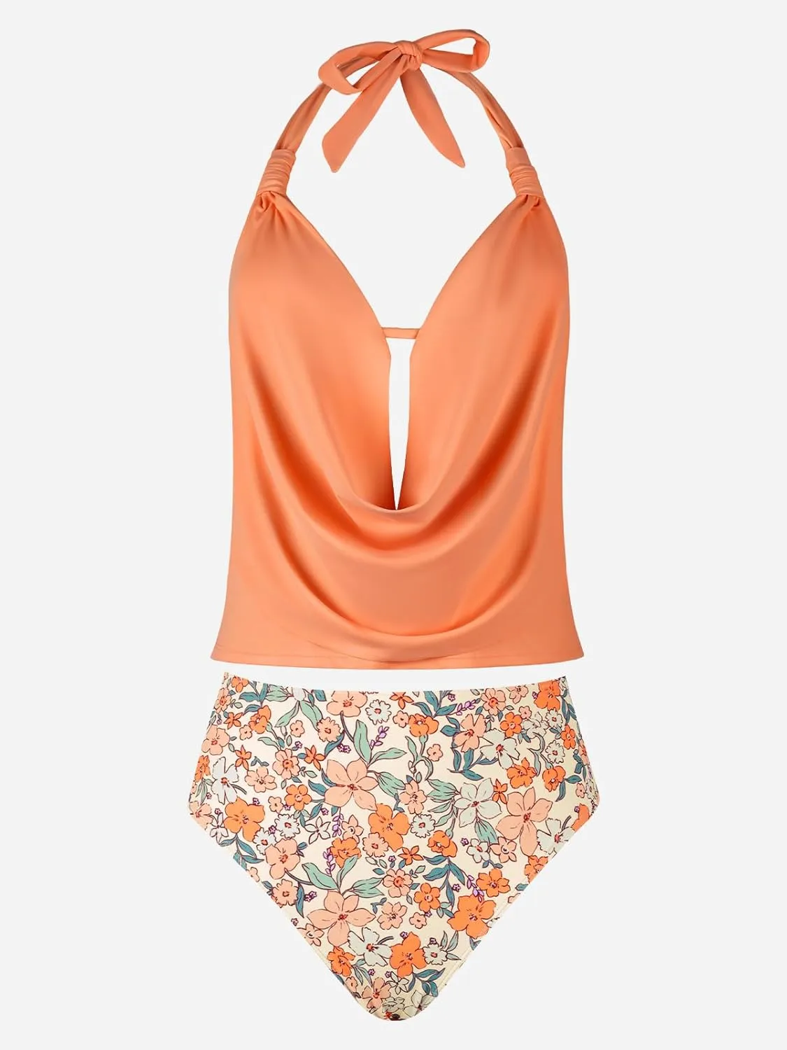 CUPSHE Tankini Bathing Suit for Women Halter Deep V Cowl Neck Low Back Swimsuit