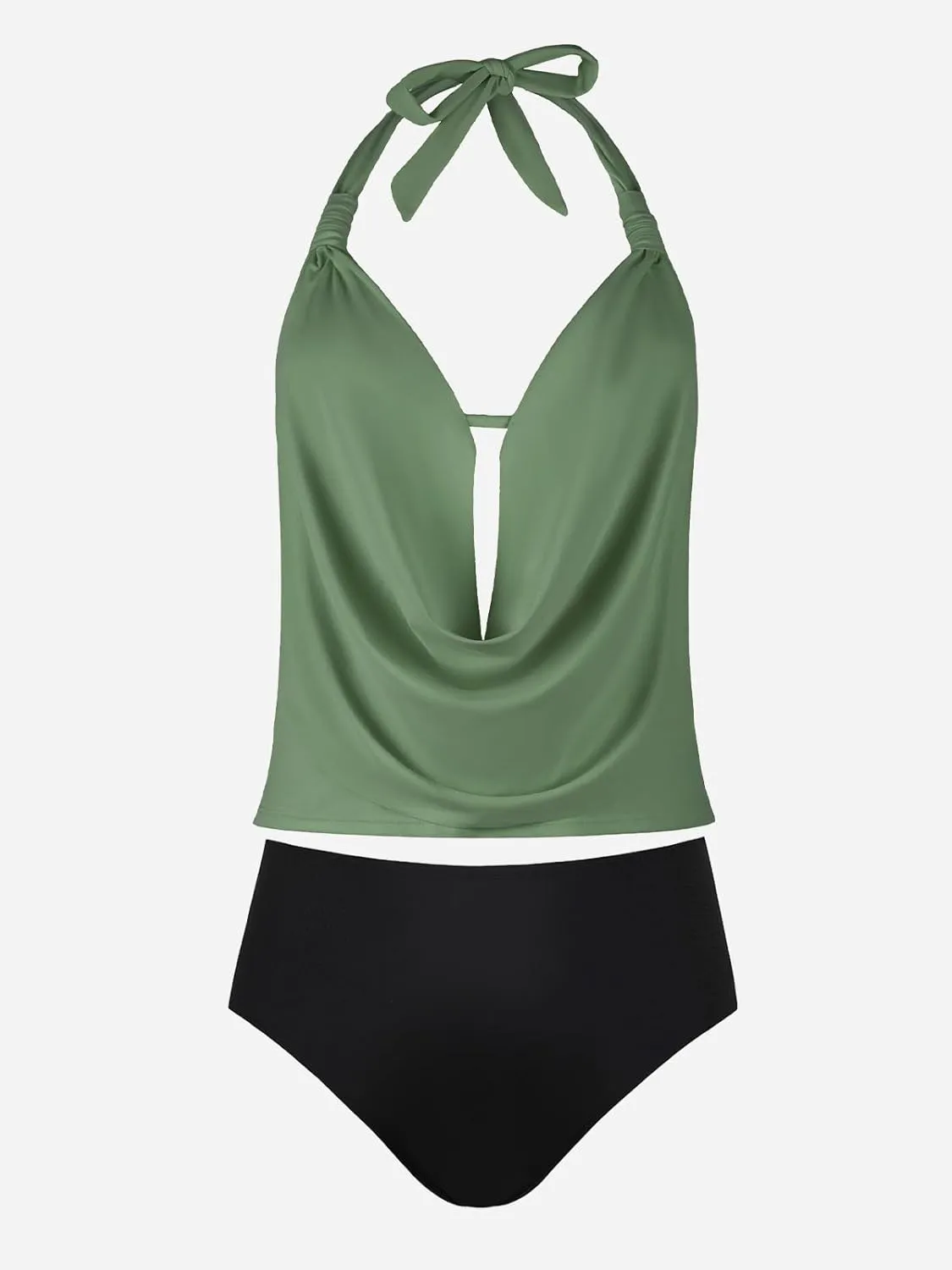 CUPSHE Tankini Bathing Suit for Women Halter Deep V Cowl Neck Low Back Swimsuit