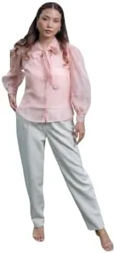 Cyan Blue Organza Neck Tie Detail Shirt Embellished with Delicate Embroidery with Camisole (Pack of 2)