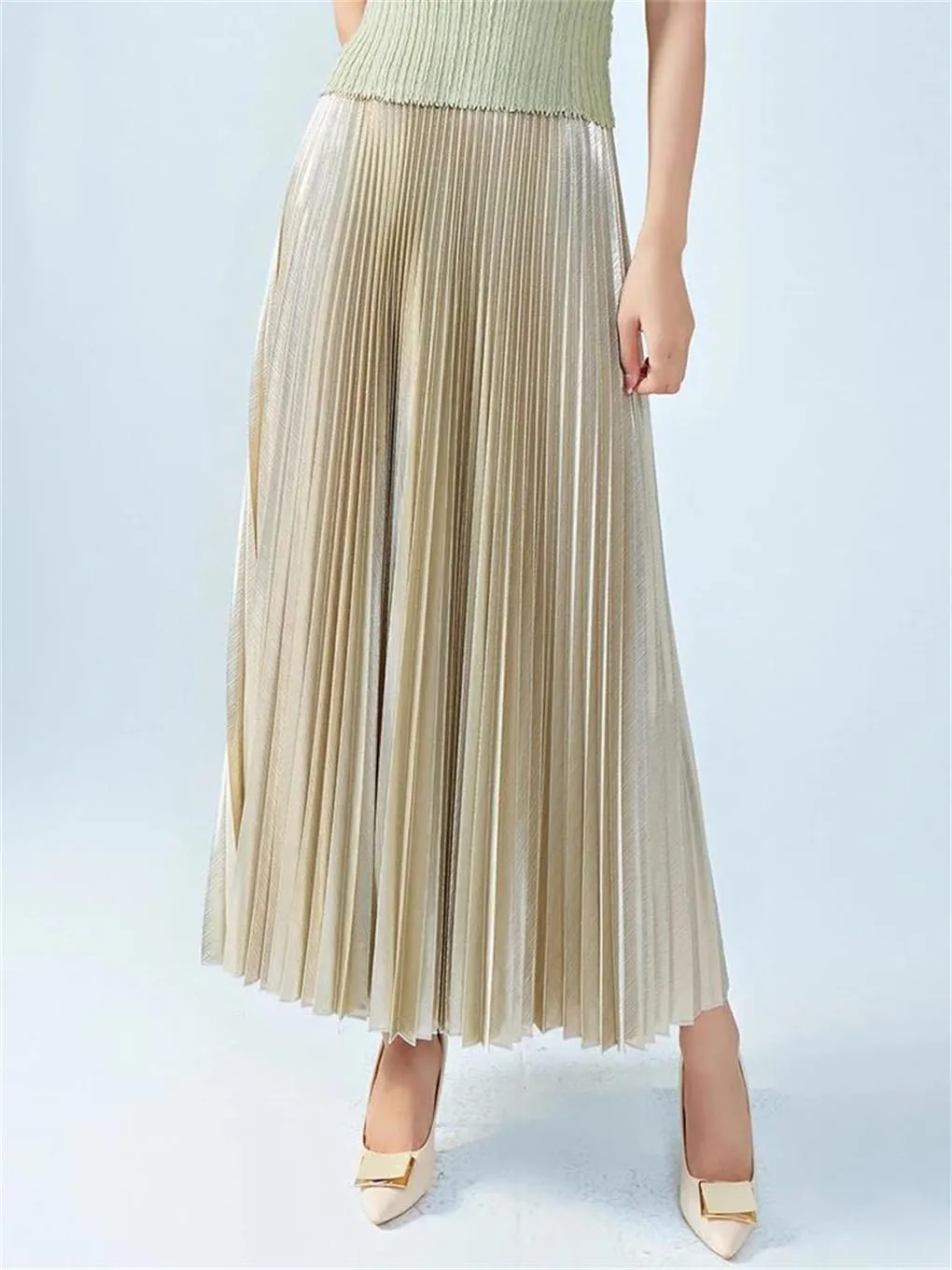 DBFBDTU Pleated Skirt for Women High Waist Elastic Solid Casual Skirts Lady Office A-Line Midi Skirt