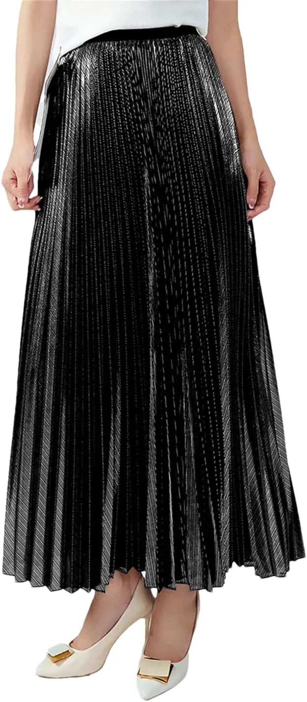 DBFBDTU Pleated Skirt for Women High Waist Elastic Solid Casual Skirts Lady Office A-Line Midi Skirt