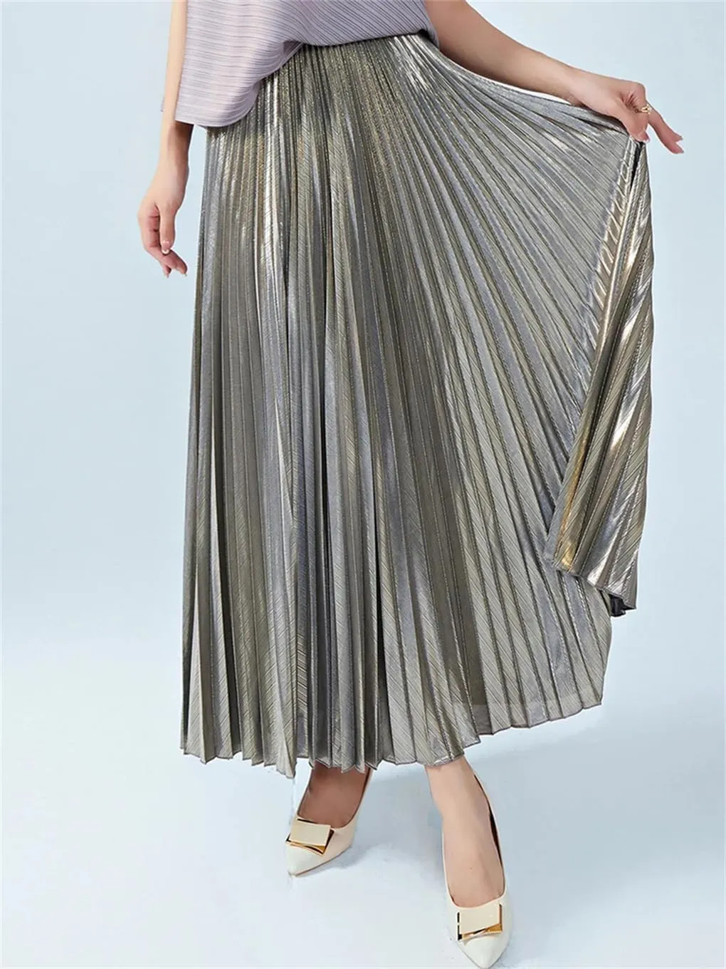 DBFBDTU Pleated Skirt for Women High Waist Elastic Solid Casual Skirts Lady Office A-Line Midi Skirt