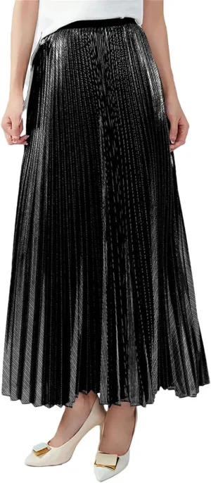 DBFBDTU Pleated Skirt for Women High Waist Elastic Solid Casual Skirts Lady Office A-Line Midi Skirt