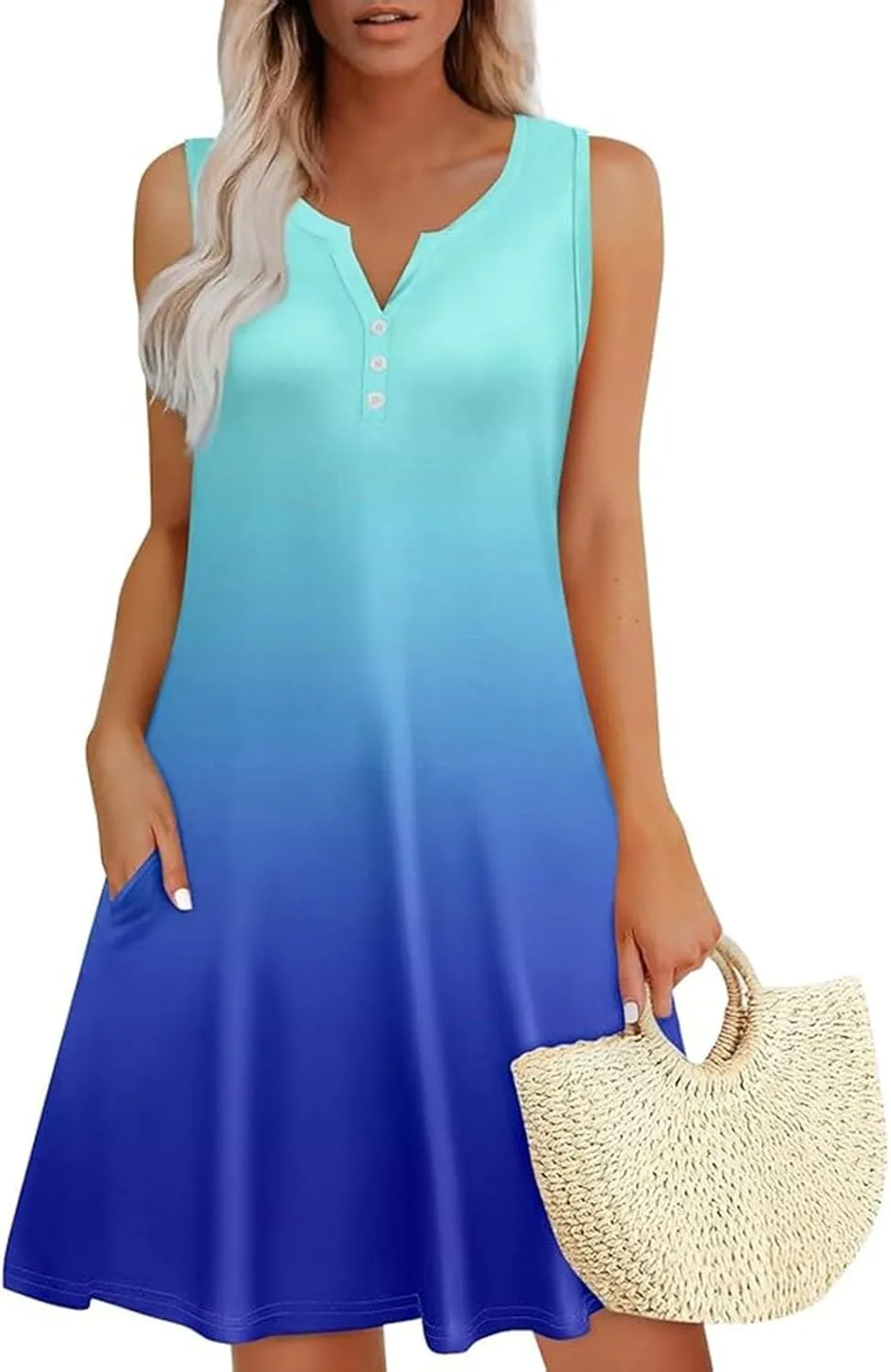 Dresses for Women Casual Summer Sleeveless Sundresses Boho Beach Dress Loose V Neck Swimsuit Coverup with Pockets