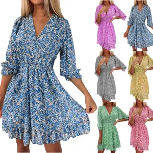 Dresses for Women Floral Midi Dress A-line Skirt Prom Dresses Deep V-Neck Flowy Wedding Guest Dress Beach Sundress