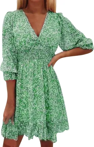 Dresses for Women Floral Midi Dress A-line Skirt Prom Dresses Deep V-Neck Flowy Wedding Guest Dress Beach Sundress