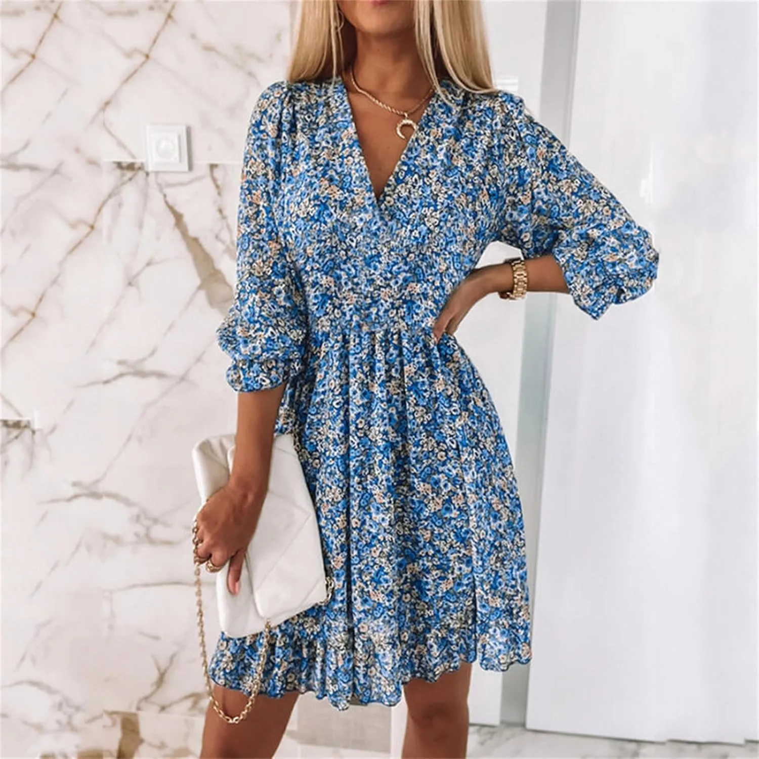 Dresses for Women Floral Midi Dress A-line Skirt Prom Dresses Deep V-Neck Flowy Wedding Guest Dress Beach Sundress