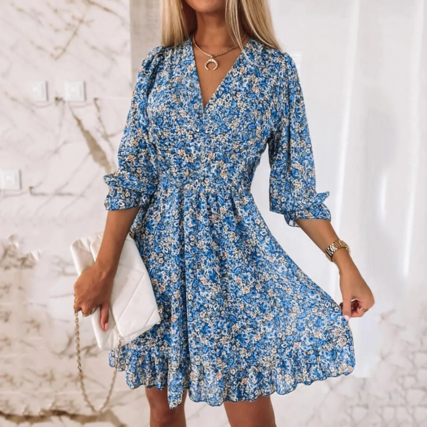 Dresses for Women Floral Midi Dress A-line Skirt Prom Dresses Deep V-Neck Flowy Wedding Guest Dress Beach Sundress