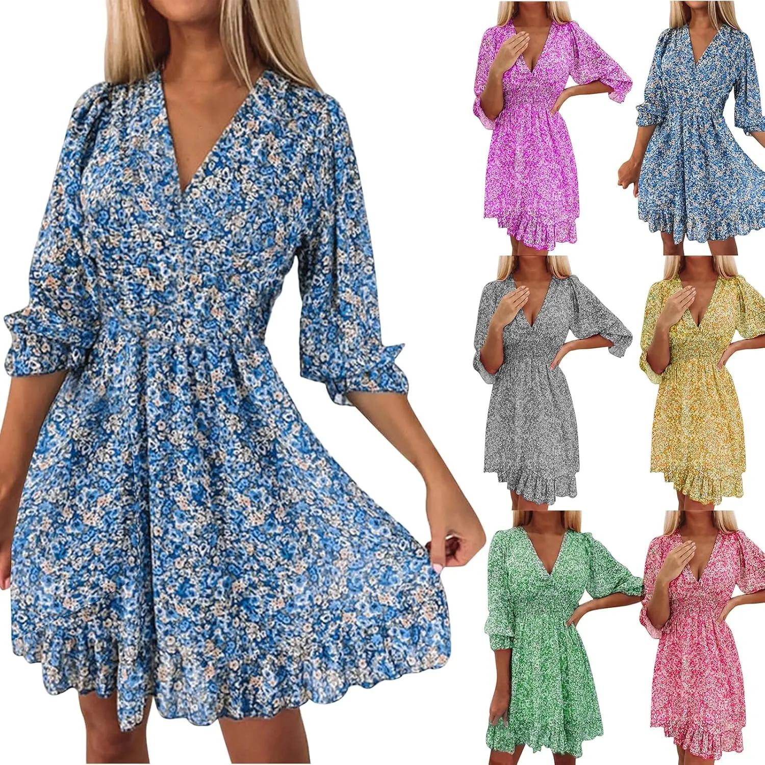 Dresses for Women Floral Midi Dress A-line Skirt Prom Dresses Deep V-Neck Flowy Wedding Guest Dress Beach Sundress