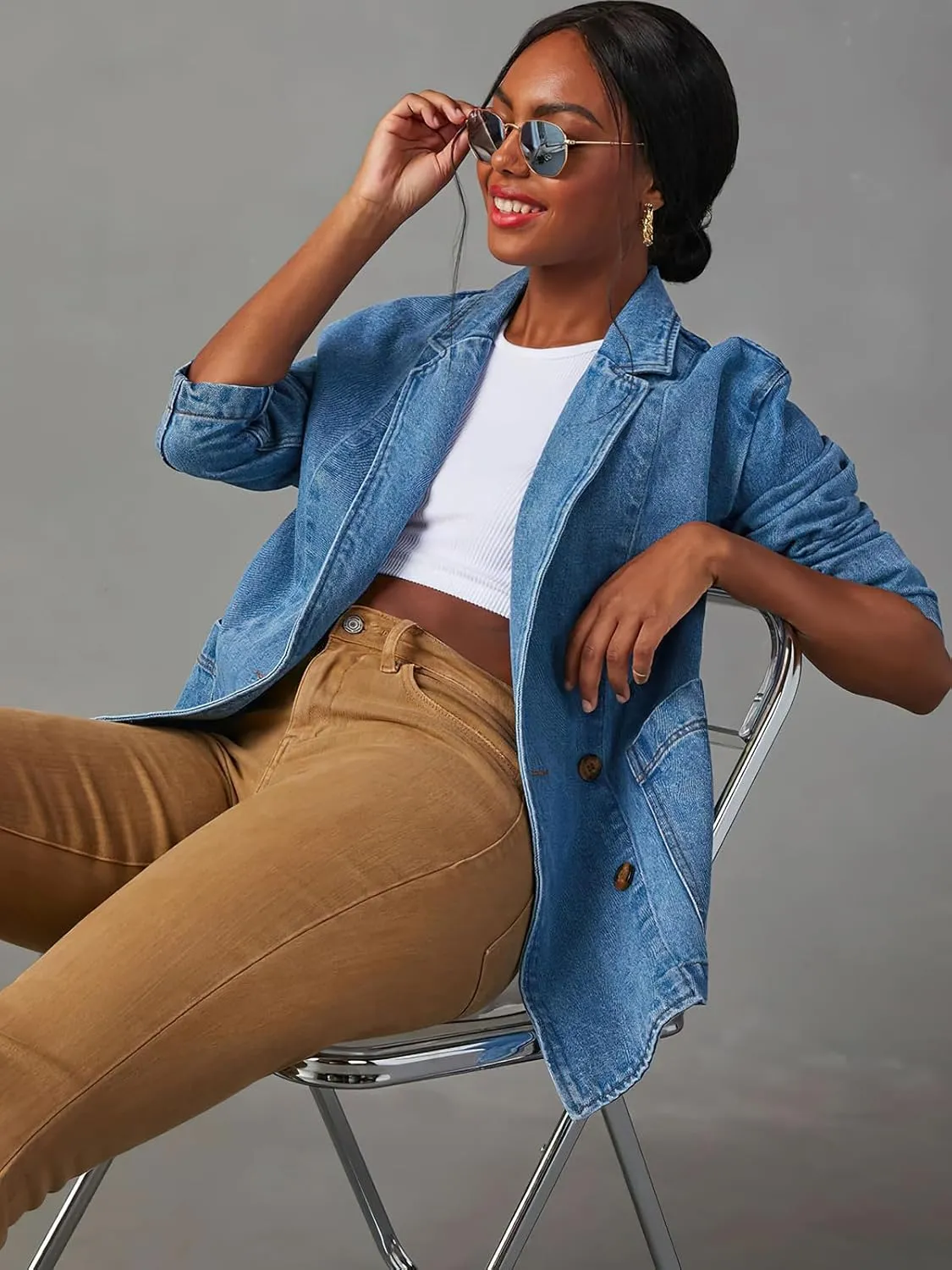 ebossy Women's Distressed Denim Jacket Blazer Classic Notched Lapel Button Down Slim Boyfriend Washed Jean Coat with Pockets