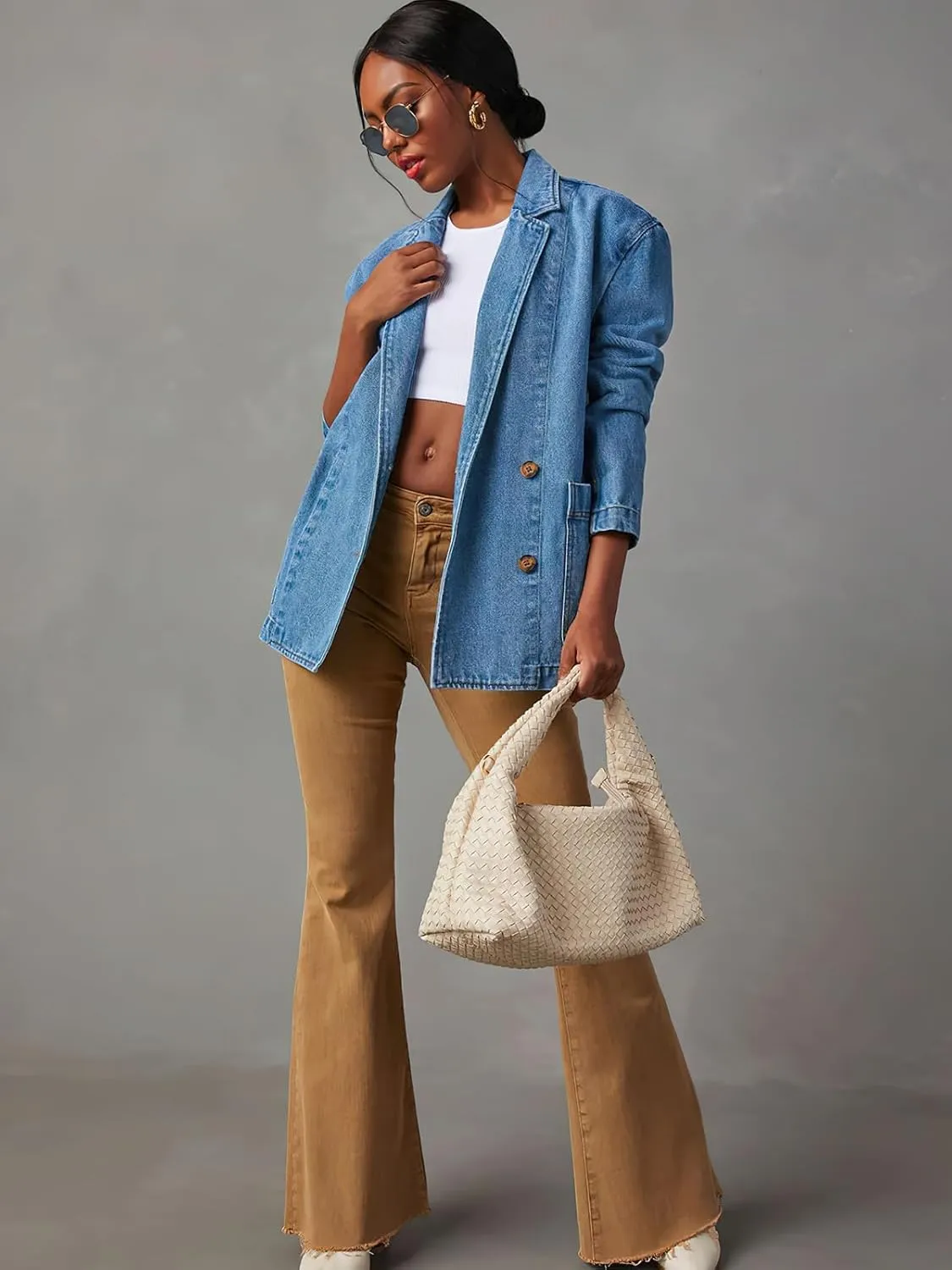 ebossy Women's Distressed Denim Jacket Blazer Classic Notched Lapel Button Down Slim Boyfriend Washed Jean Coat with Pockets