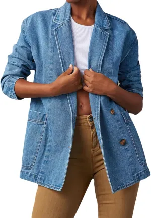 ebossy Women's Distressed Denim Jacket Blazer Classic Notched Lapel Button Down Slim Boyfriend Washed Jean Coat with Pockets