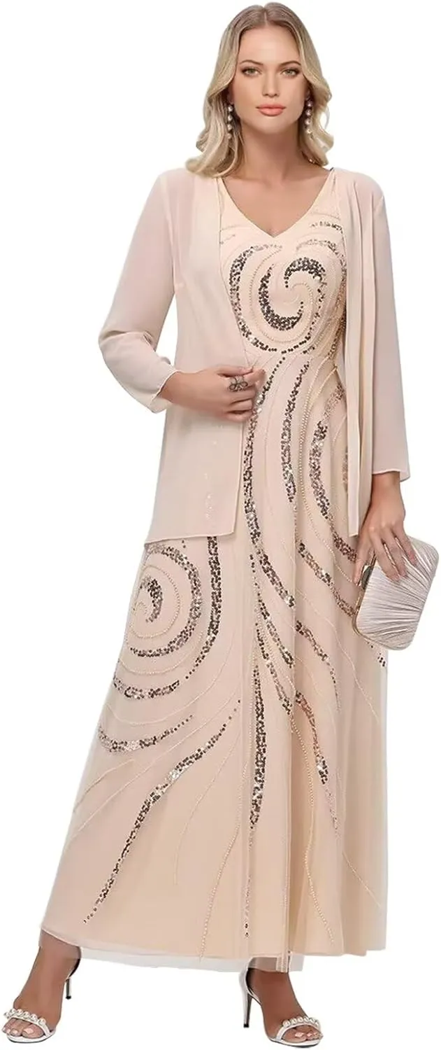 Elegant Chiffon Mother of The Bride Dress Long Sleeve Outfit for Sequin Mother of The Groom with Jacket