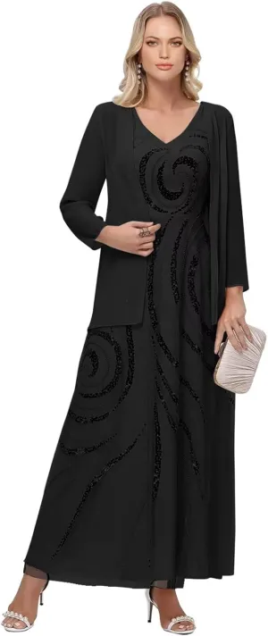 Elegant Chiffon Mother of The Bride Dress Long Sleeve Outfit for Sequin Mother of The Groom with Jacket