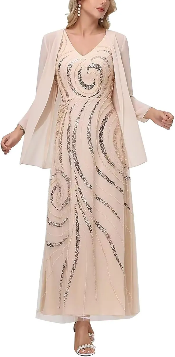 Elegant Chiffon Mother of The Bride Dress Long Sleeve Outfit for Sequin Mother of The Groom with Jacket