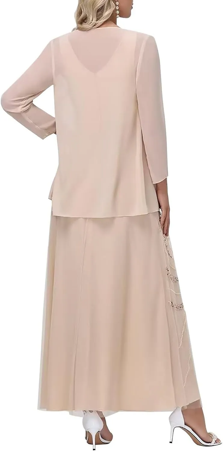 Elegant Chiffon Mother of The Bride Dress Long Sleeve Outfit for Sequin Mother of The Groom with Jacket