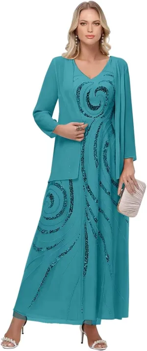 Elegant Chiffon Mother of The Bride Dress Long Sleeve Outfit for Sequin Mother of The Groom with Jacket