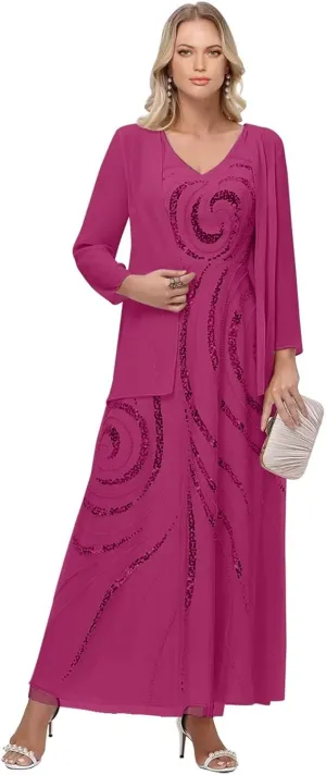 Elegant Chiffon Mother of The Bride Dress Long Sleeve Outfit for Sequin Mother of The Groom with Jacket