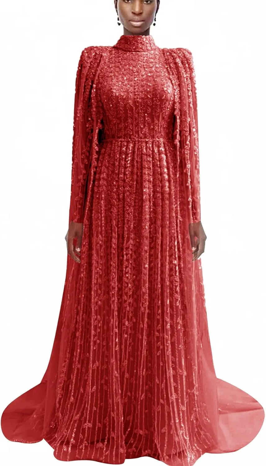 Elegant Mint Green Evening Gown, Long Sleeve Lace-Up Back, High Neck Pleated Maxi Dress with Sequin Detail