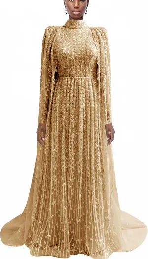 Elegant Mint Green Evening Gown, Long Sleeve Lace-Up Back, High Neck Pleated Maxi Dress with Sequin Detail
